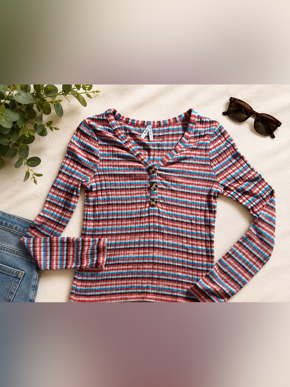 Vintage 2000s Mudd Striped Ribbed Knit Henley Top